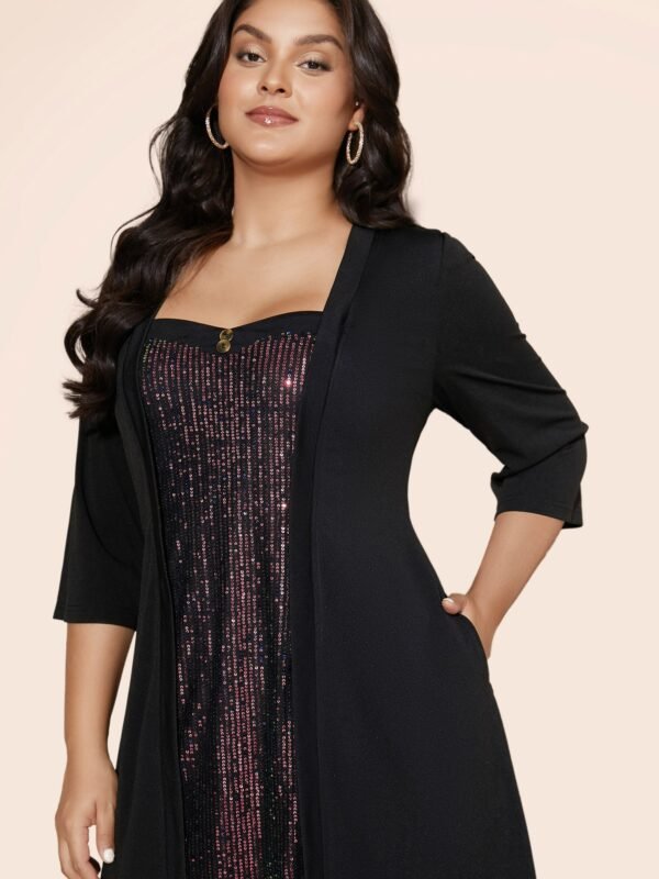 Heart Neckline Patchwork Sequin Button Detail Dress - Image 31