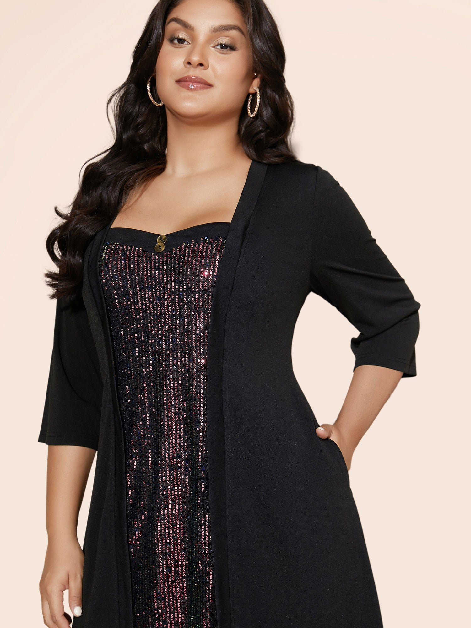 Heart Neckline Patchwork Sequin Button Detail Dress - Image 31