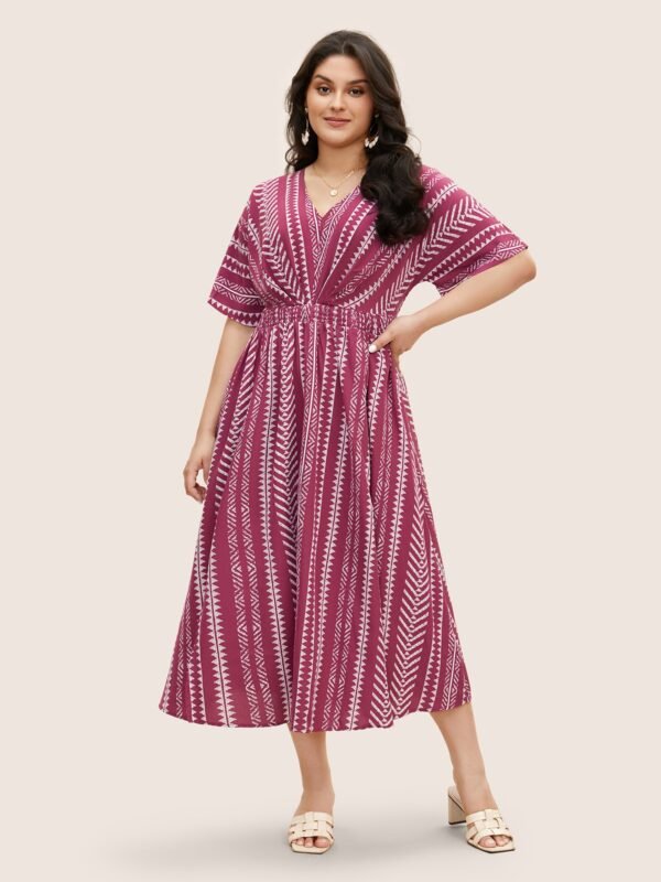 Solid Geometric Dolman Sleeve Pocket Shirred Split Hem Dress - Image 32