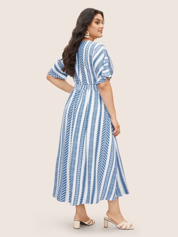 Solid Geometric Dolman Sleeve Pocket Shirred Split Hem Dress - Image 4
