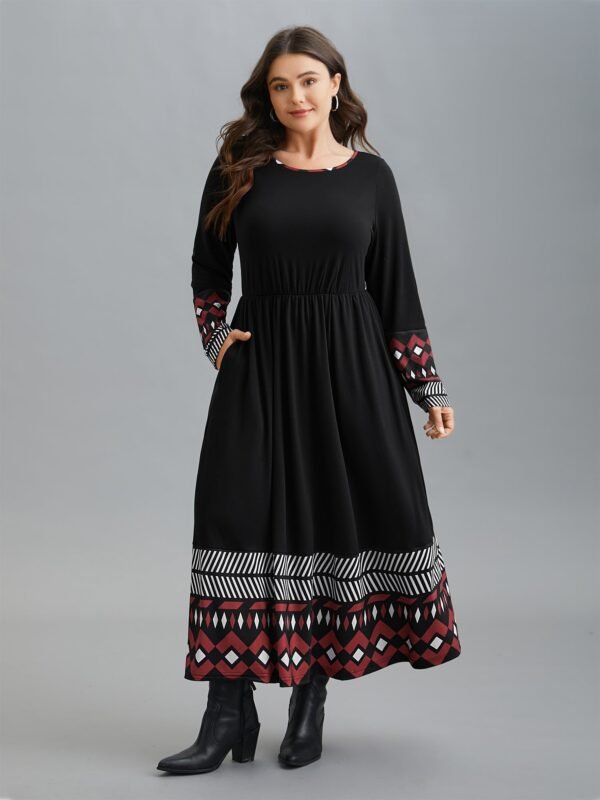Crew Neck Geometric Print Patchwork Dress - Image 4
