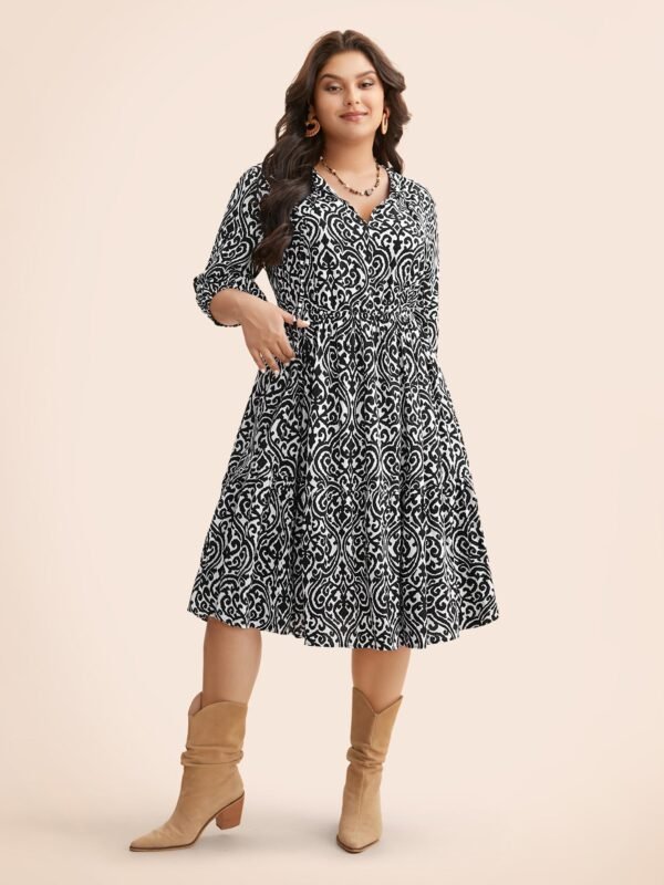 Boho Print Tie Knot Puff Sleeve Dress - Image 11