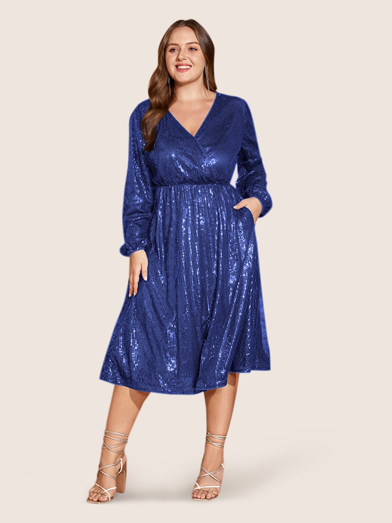 Solid Pocket Lantern Sleeve Wrap Sequin Dress - Image 33