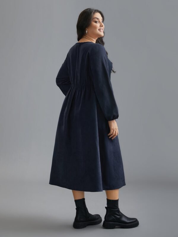 Textured Button Detail Lantern Sleeve Dress - Image 5