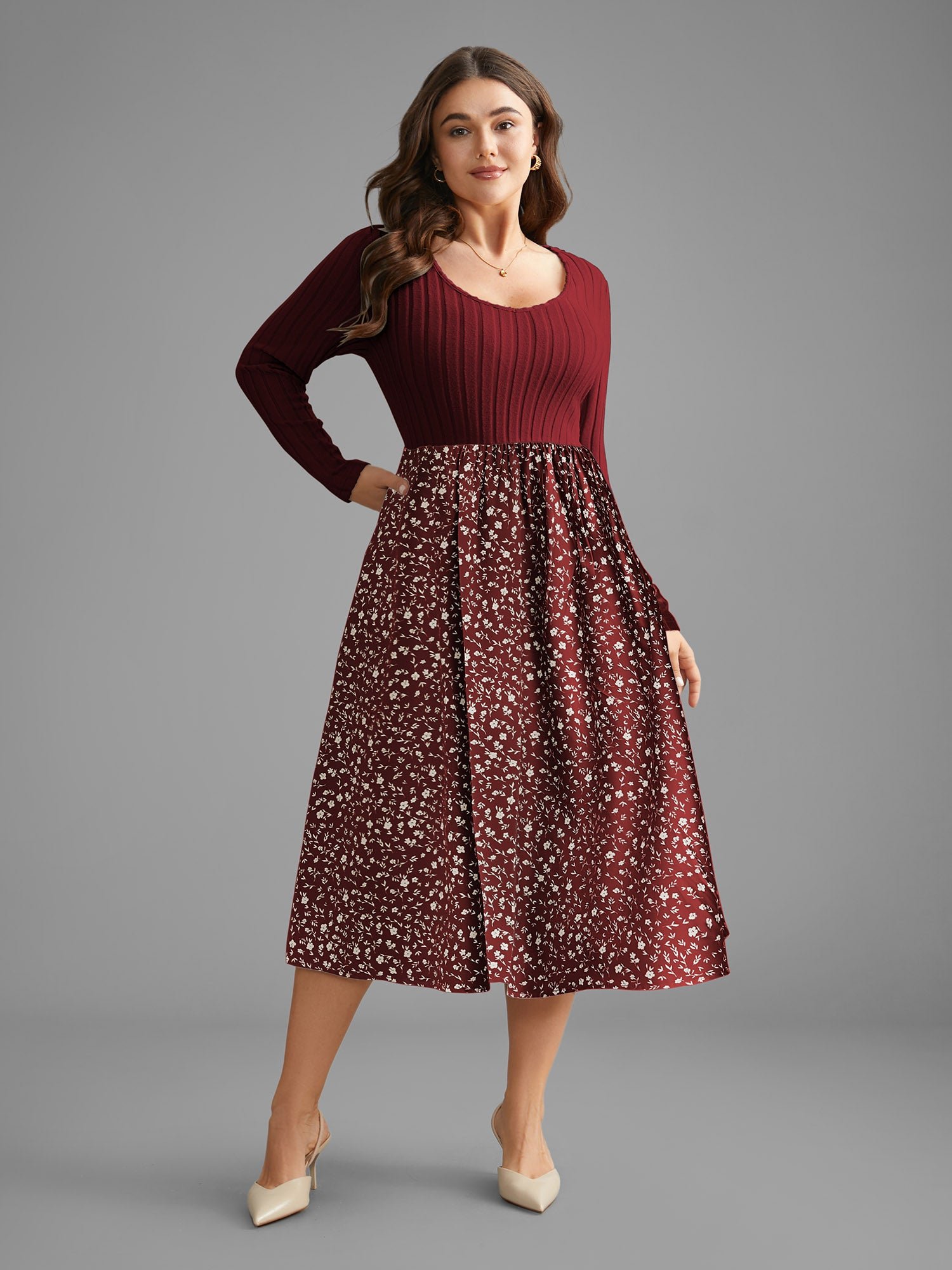 Ditsy Floral Patchwork Texture Midi Dress - Image 13