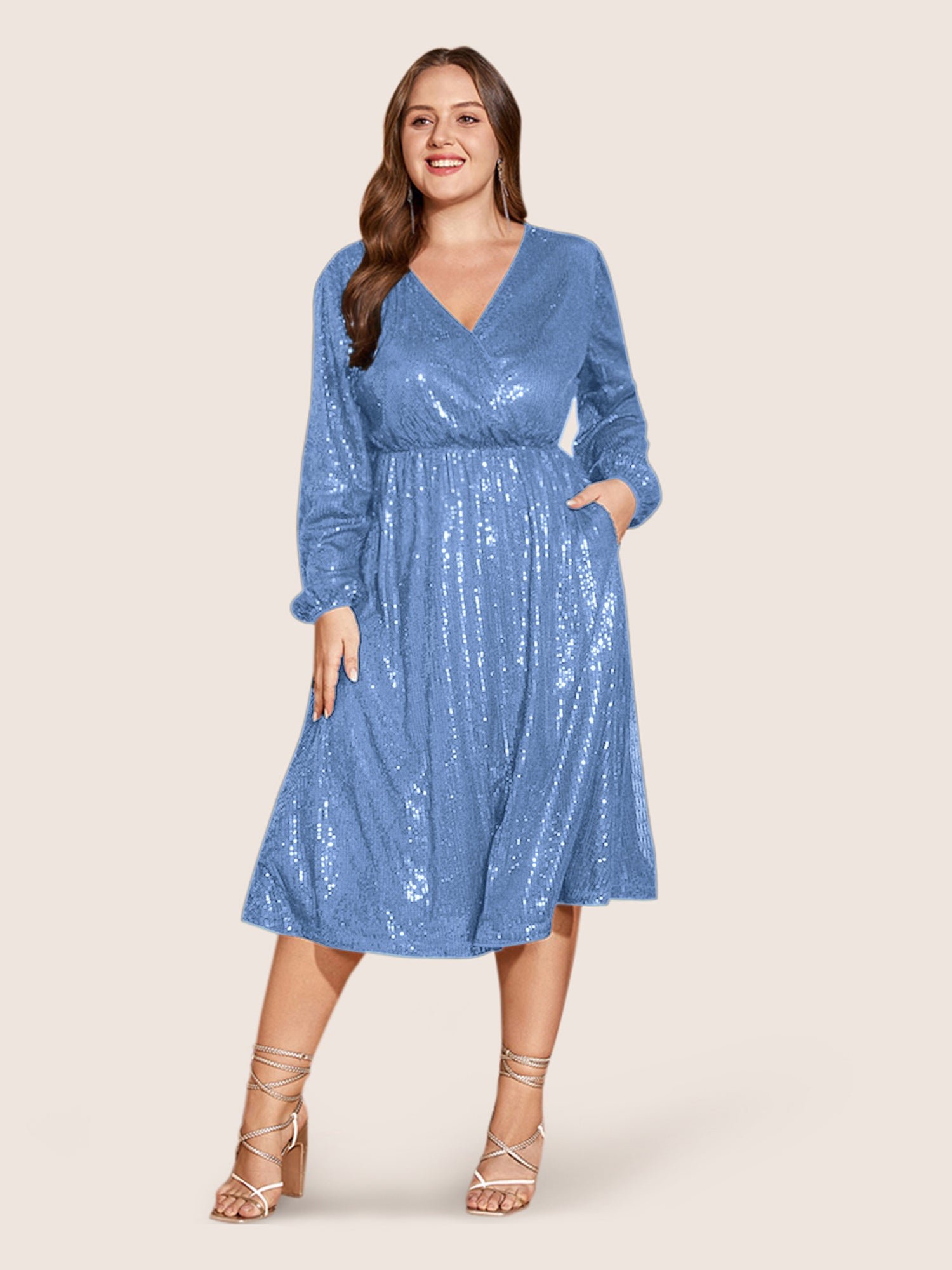 Solid Pocket Lantern Sleeve Wrap Sequin Dress - Image 41