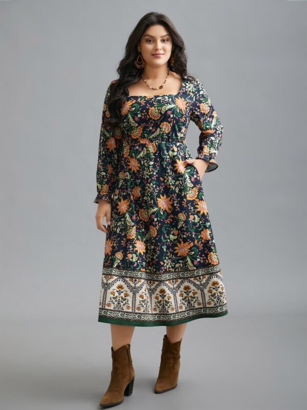 Square Neck Floral Boho Print Midi Dress - Image 2