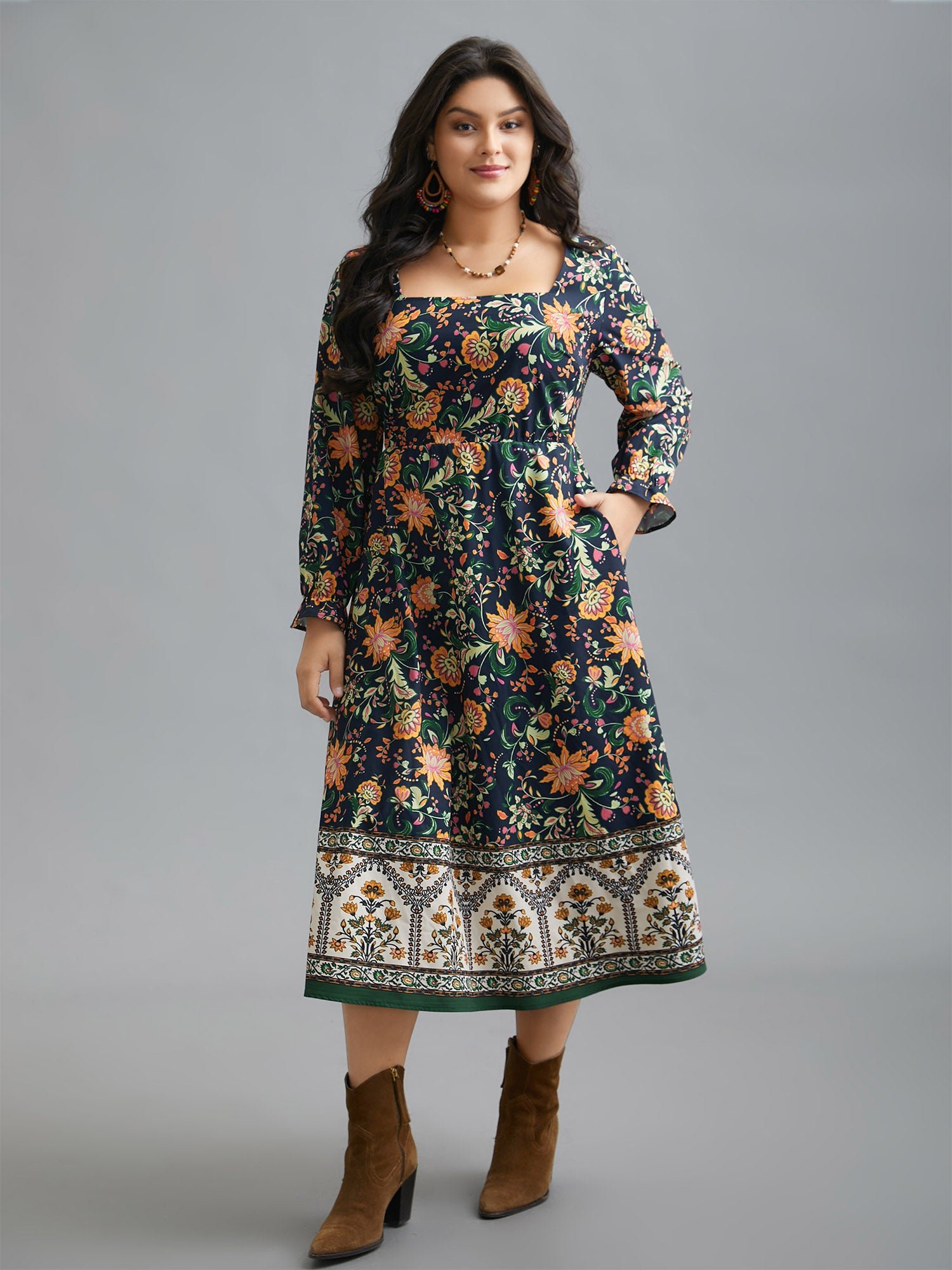 Square Neck Floral Boho Print Midi Dress - Image 2