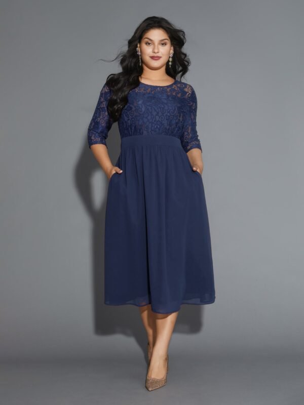 Lace Patchwork Shirred Midi Pocket Dress - Image 8