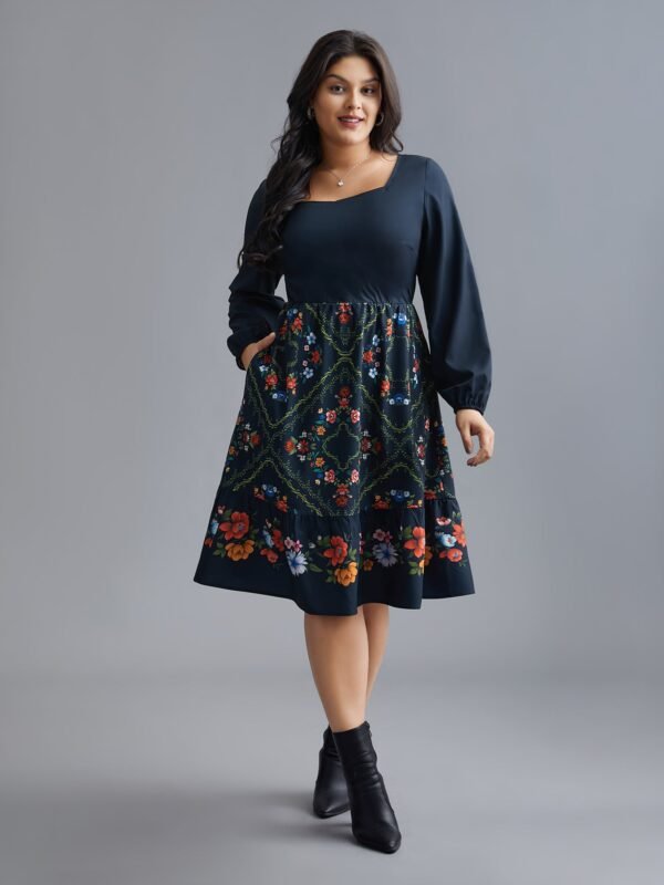 Floral Printed Heart neckline Lantern Sleeve Dress - Image 3