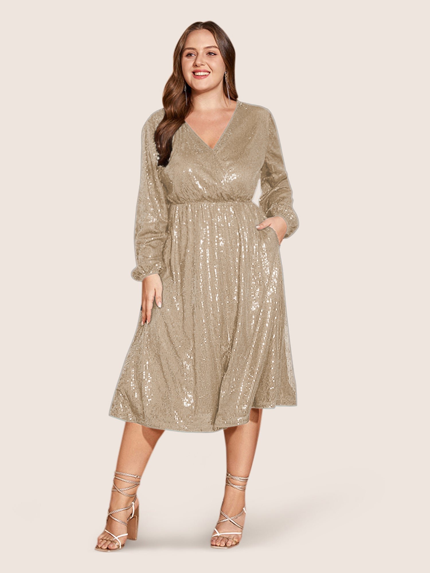 Solid Pocket Lantern Sleeve Wrap Sequin Dress - Image 17