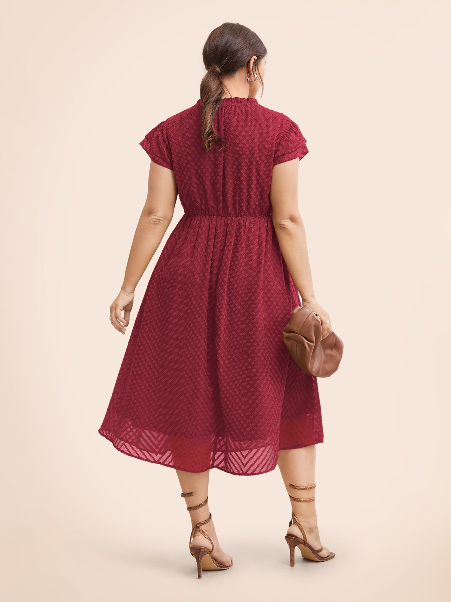 Plain Geometric Layered Sleeve Pocket Ruffle Mock Neck Dress - Image 23