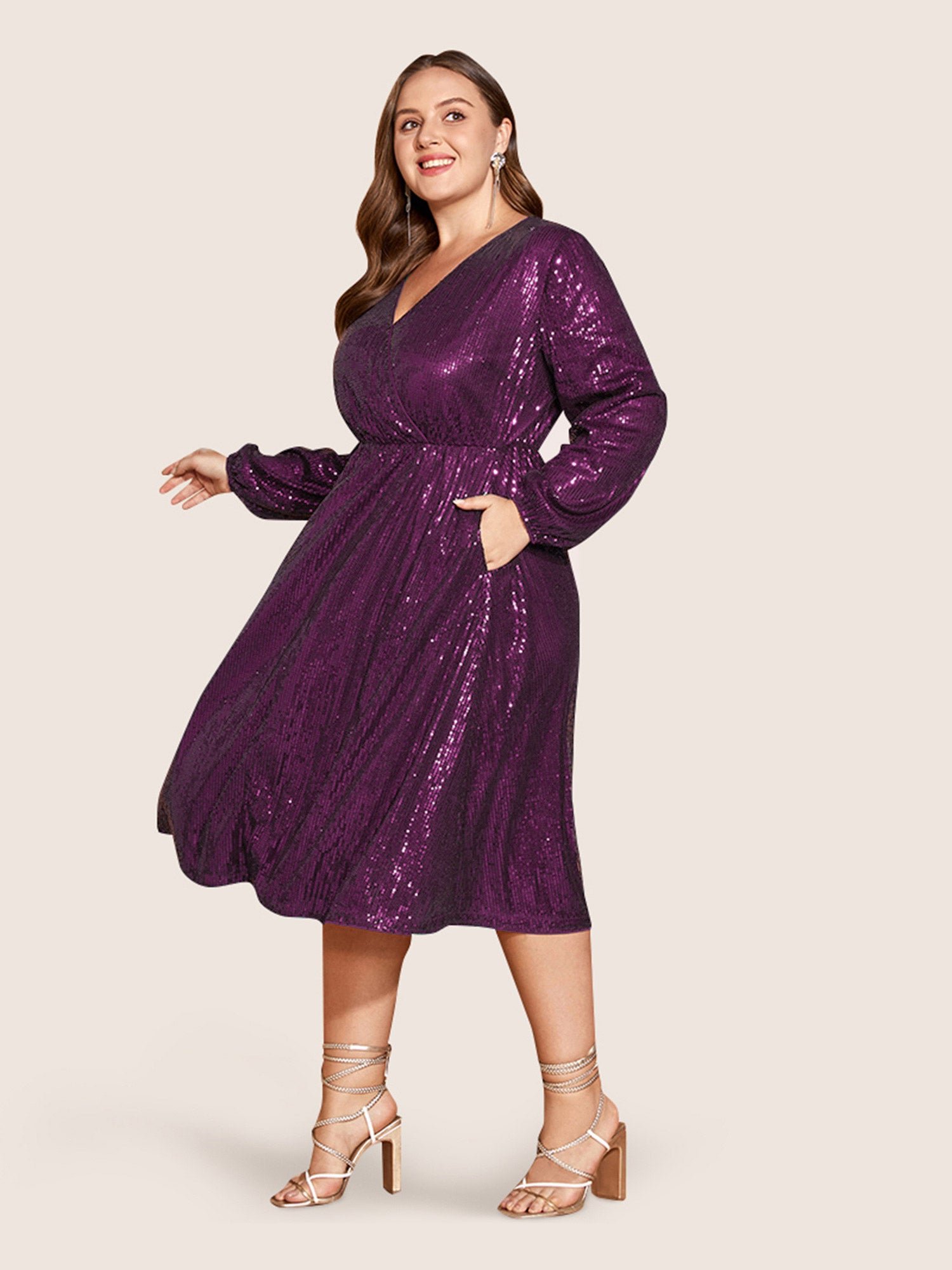 Solid Pocket Lantern Sleeve Wrap Sequin Dress - Image 15