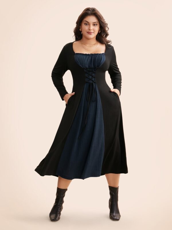 Square Neck Textured Patchwork Crisscross Dress - Image 2
