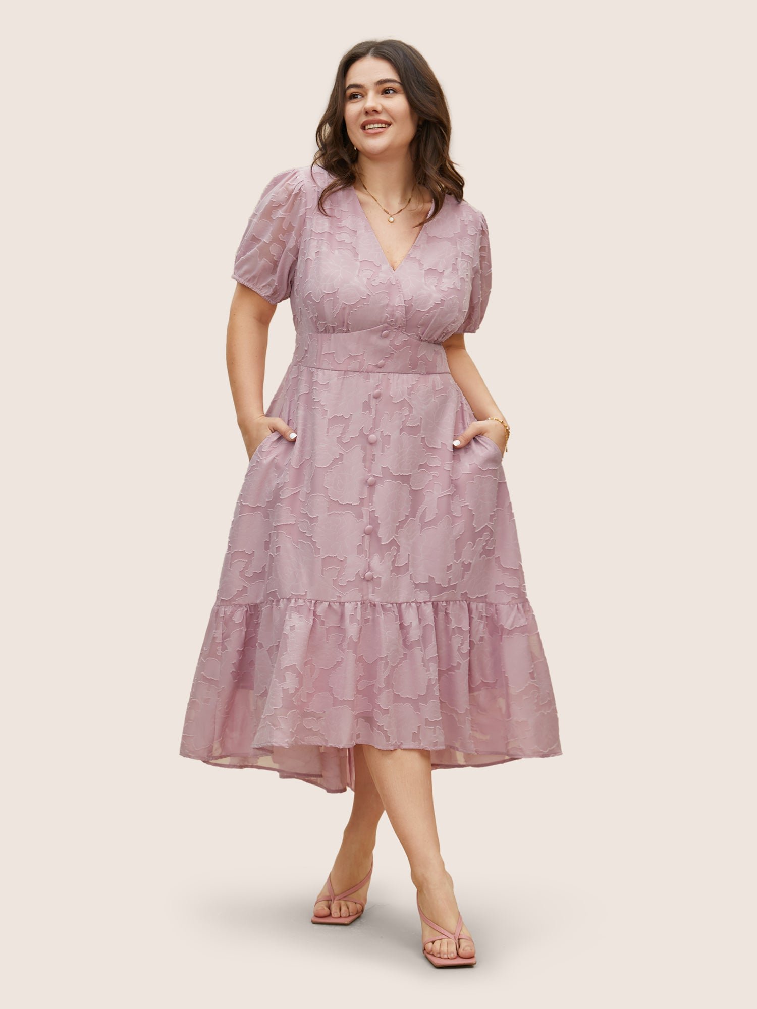 Solid Textured Lantern Sleeve Button Detail Dress - Image 14