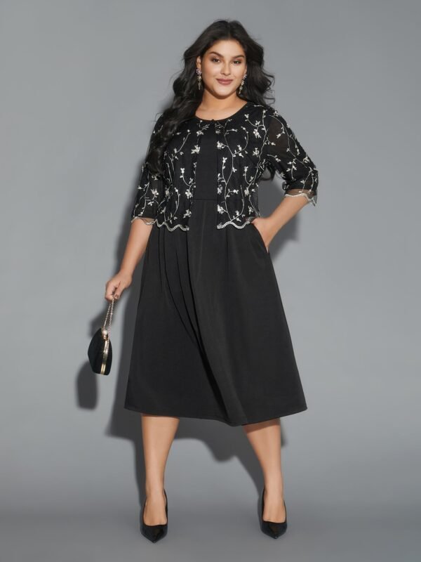 Round Neck Floral Embroidered  Dress