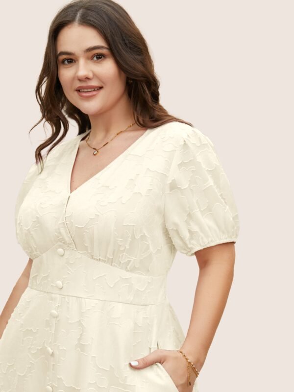 Solid Textured Lantern Sleeve Button Detail Dress - Image 11