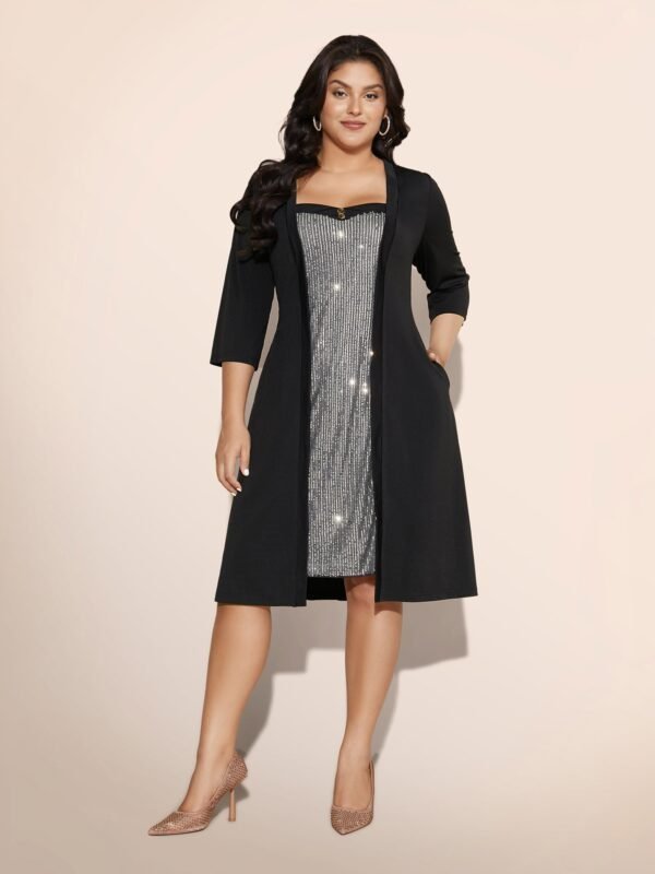 Heart Neckline Patchwork Sequin Button Detail Dress - Image 20