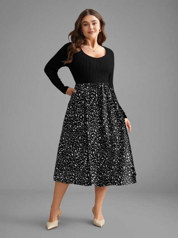 Ditsy Floral Patchwork Texture Midi Dress - Image 25