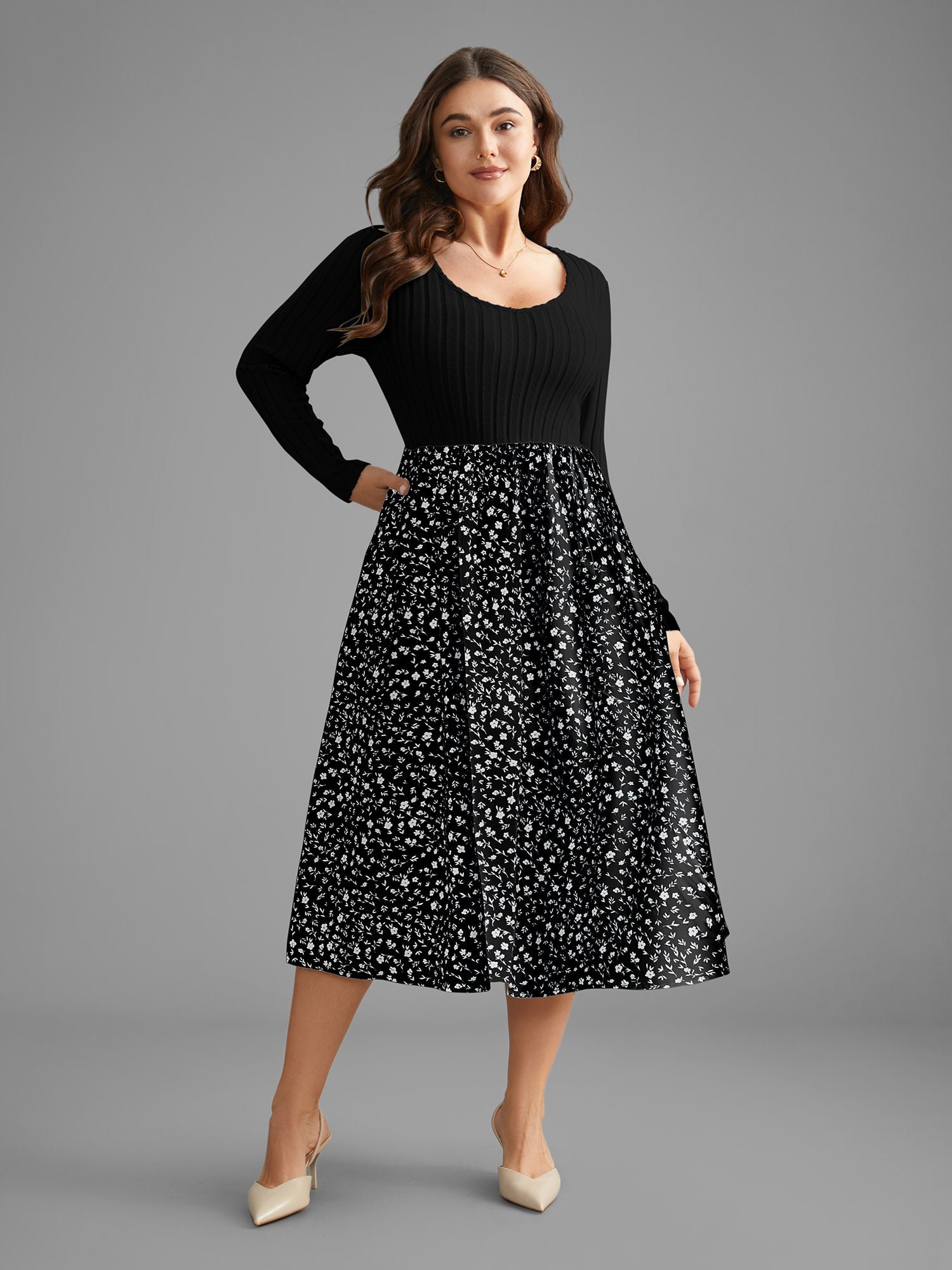 Ditsy Floral Patchwork Texture Midi Dress - Image 25
