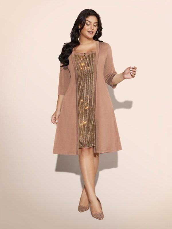 Heart Neckline Patchwork Sequin Button Detail Dress - Image 49