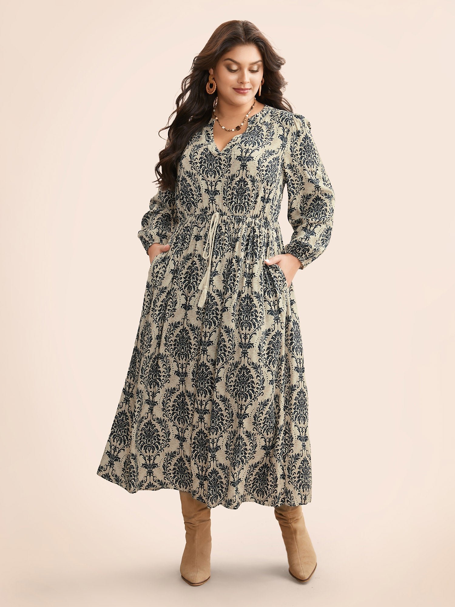 Boho Print Notched Tie Knot Maxi Dress - Image 12