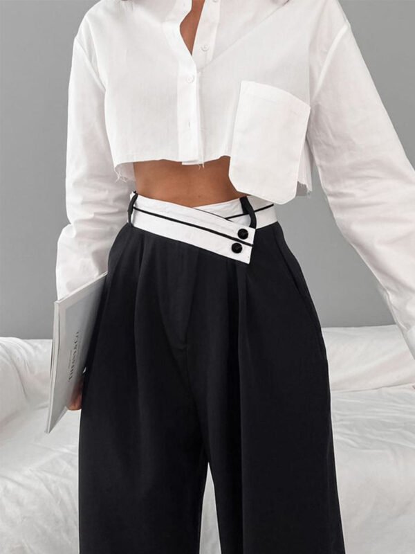 Asymmetrical Contrast Waistband Wide Leg Dress Pants - Image 2