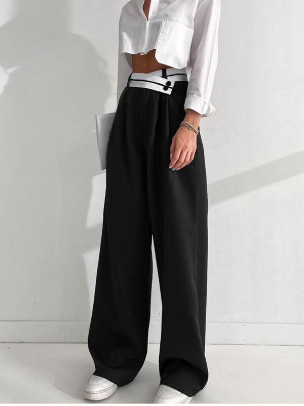 Asymmetrical Contrast Waistband Wide Leg Dress Pants - Image 4