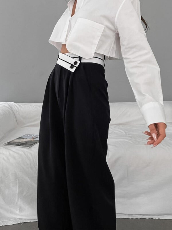 Asymmetrical Contrast Waistband Wide Leg Dress Pants - Image 5