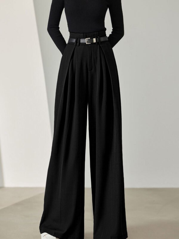 Solid Belted Pleated Wide Leg Pants - Image 3