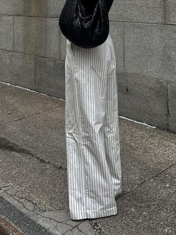 Striped Pockets Wide Leg Pants Without Belt - Image 4