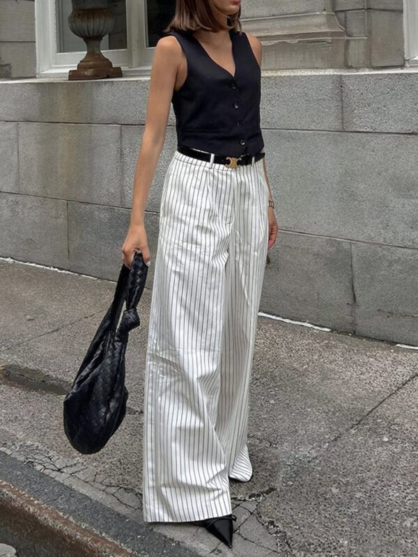Striped Pockets Wide Leg Pants Without Belt - Image 3