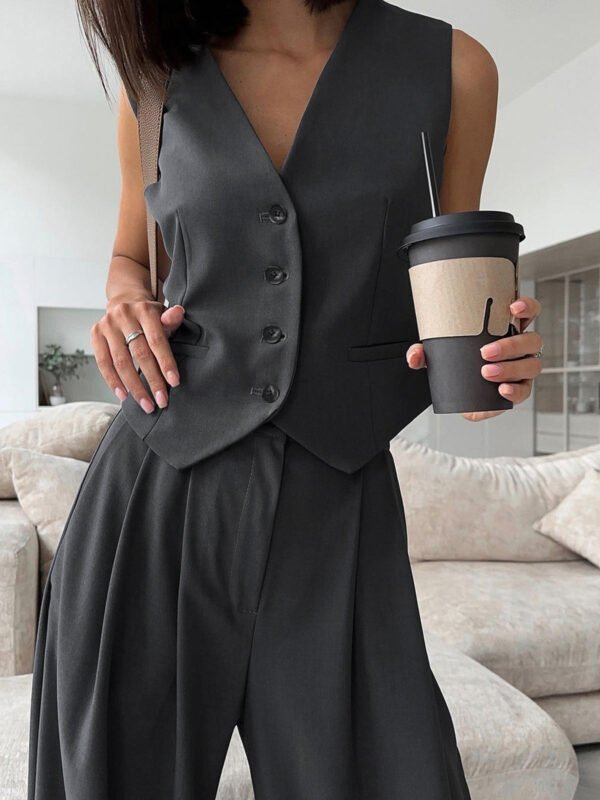 Solid V-Neck Waistcoat With Wide Leg Pants Set - Image 2