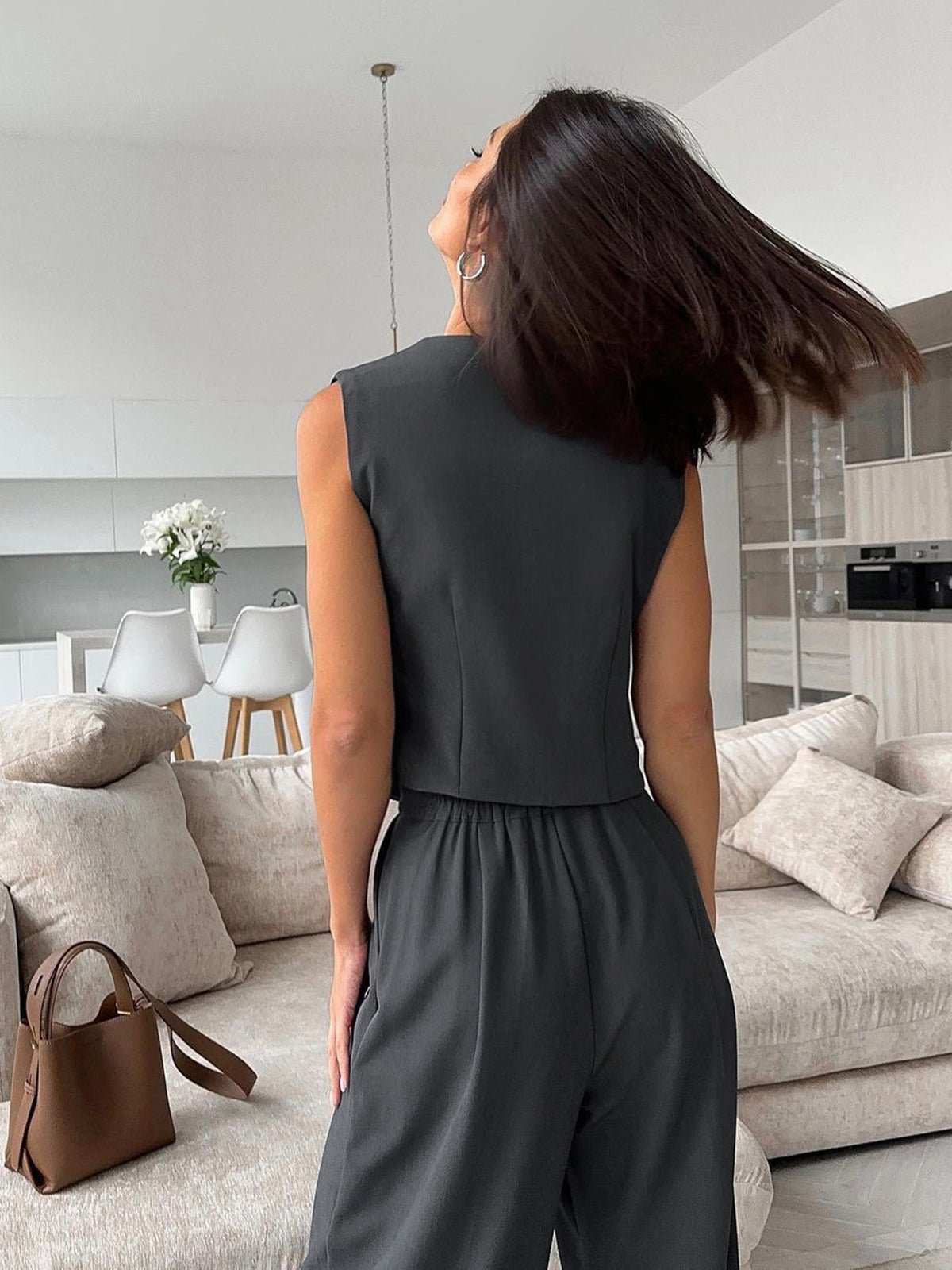 Solid V-Neck Waistcoat With Wide Leg Pants Set - Image 6
