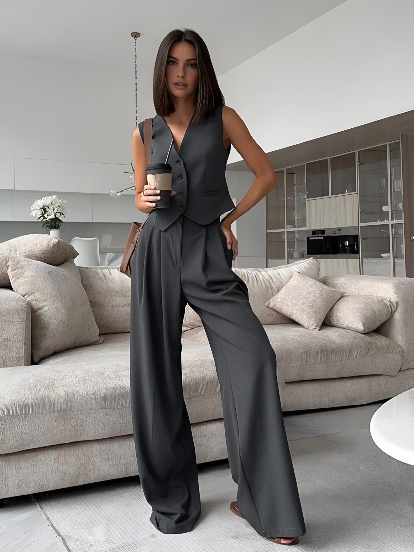 Solid V-Neck Waistcoat With Wide Leg Pants Set - Image 3