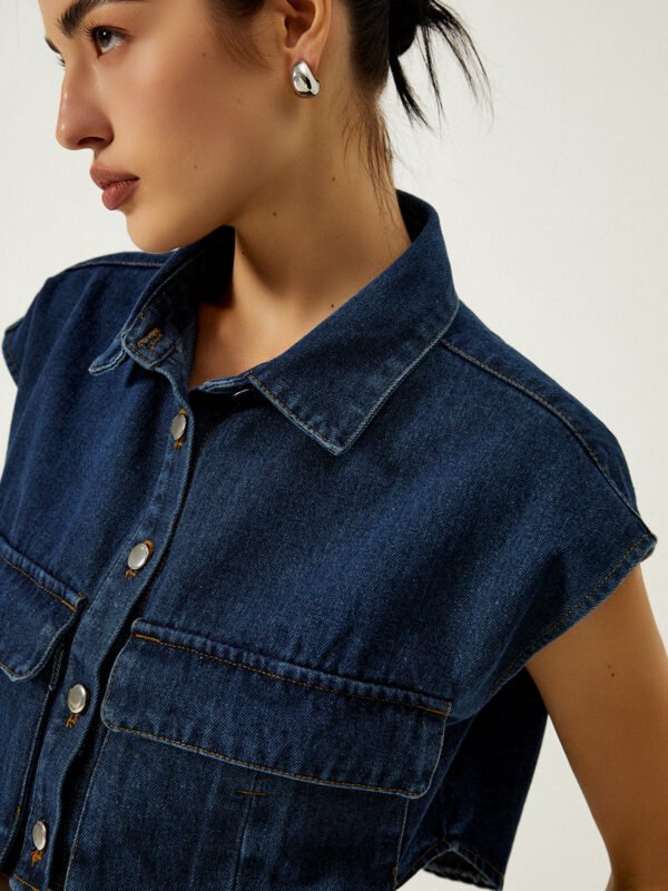 Denim Pockets Turn Down Collar Vest - Image 4