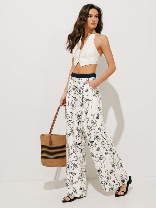 Floral Print Pockets Wide Leg Pants - Image 2
