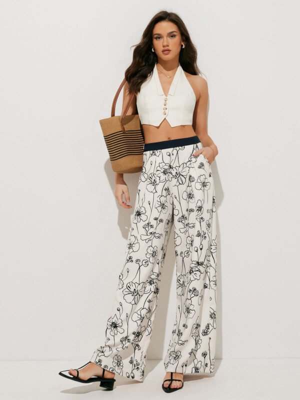 Floral Print Pockets Wide Leg Pants - Image 4