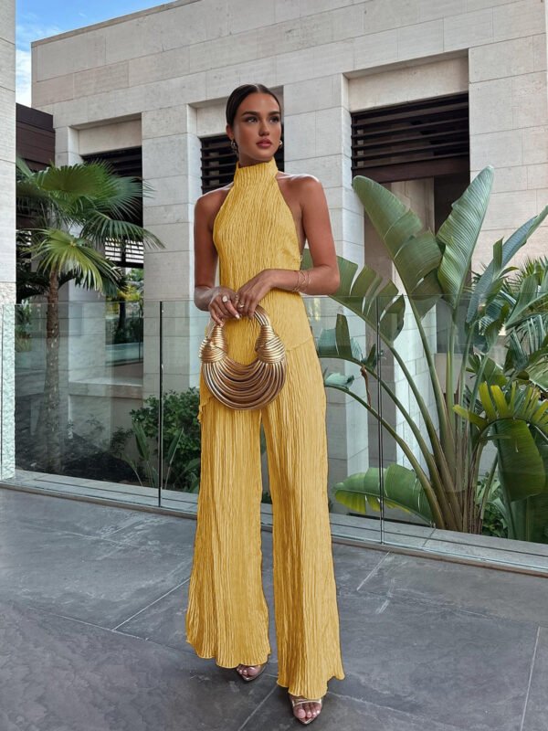 Asymmetric Halter Crop Top With Wide Leg Pants Set - Image 19