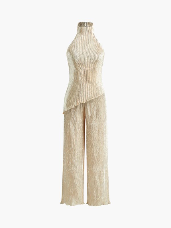 Asymmetric Halter Crop Top With Wide Leg Pants Set - Image 5