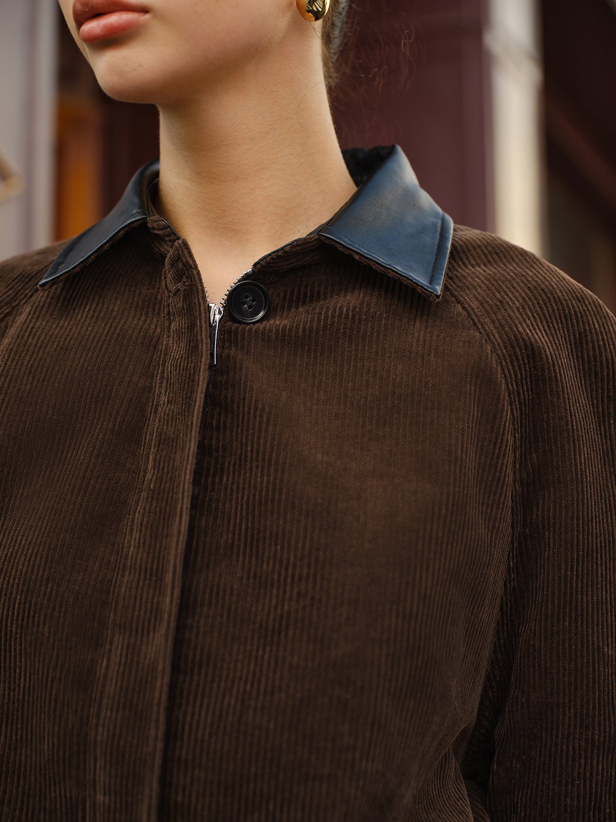 Contrast Collar Corduroy Zipper Jacket - Image 4