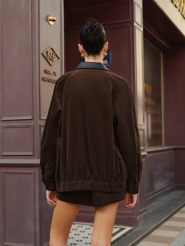 Contrast Collar Corduroy Zipper Jacket - Image 6