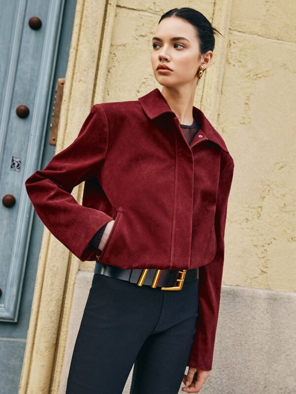 Zipper-Pockets Lapel Suede Jacket - Image 3