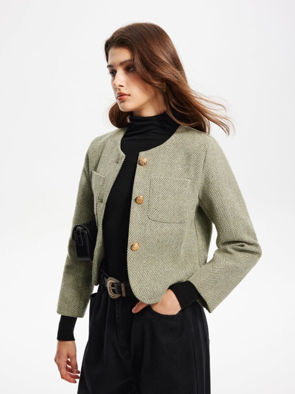 Round Neck Pockets Tweed Jacket - Image 4