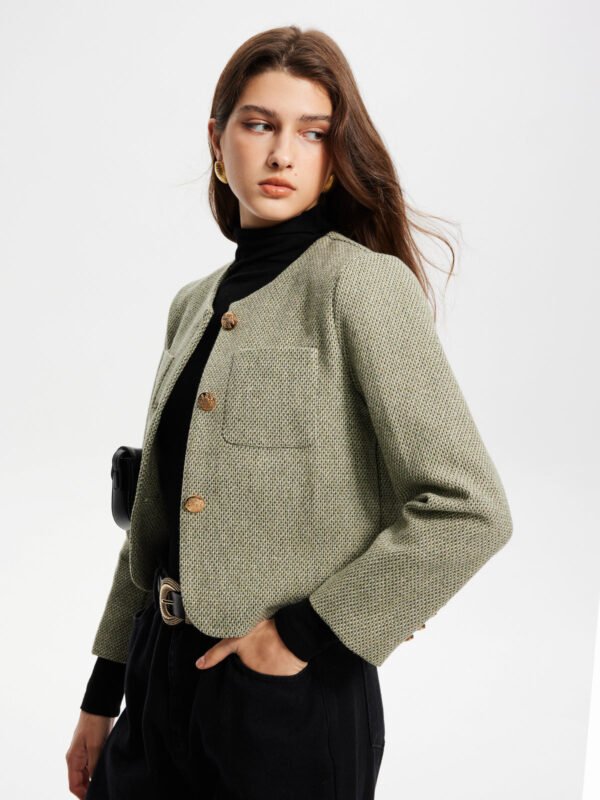 Round Neck Pockets Tweed Jacket - Image 6