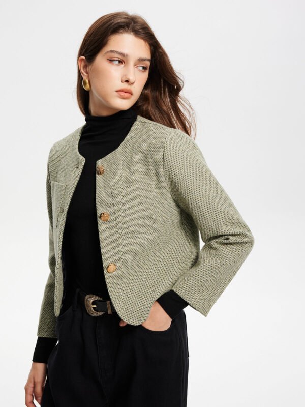 Round Neck Pockets Tweed Jacket - Image 2