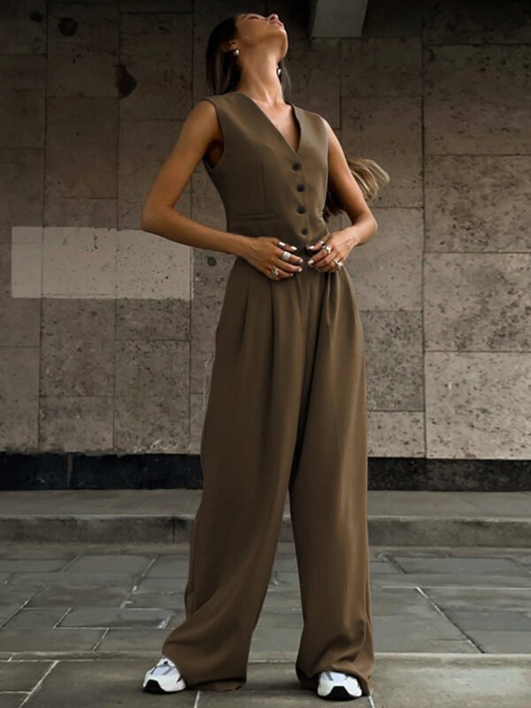 Solid V-Neck Waistcoat With Wide Leg Pants Set - Image 7