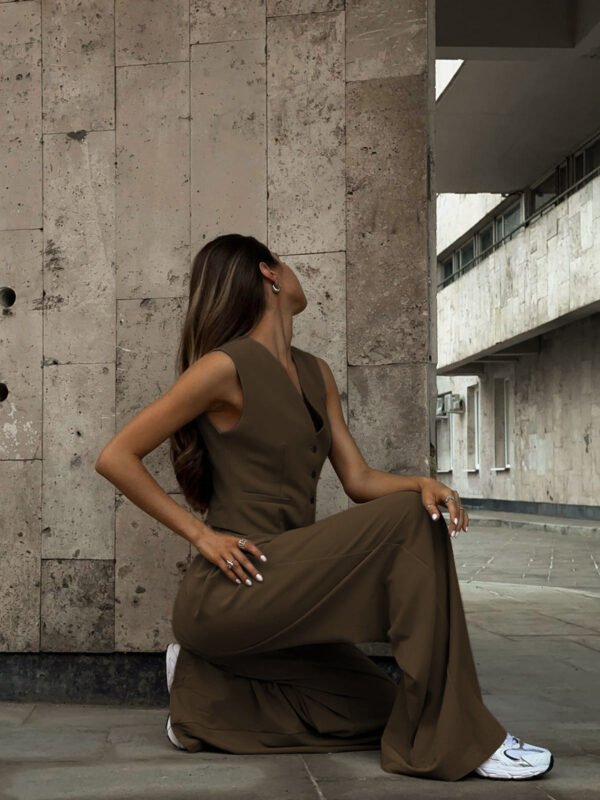 Solid V-Neck Waistcoat With Wide Leg Pants Set - Image 8