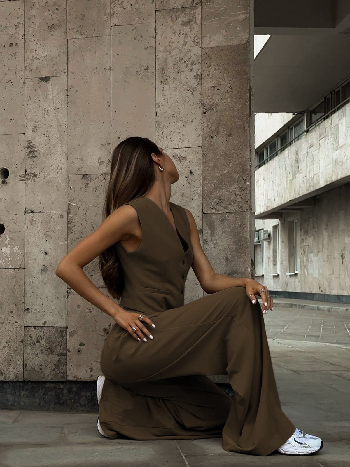 Solid V-Neck Waistcoat With Wide Leg Pants Set - Image 8