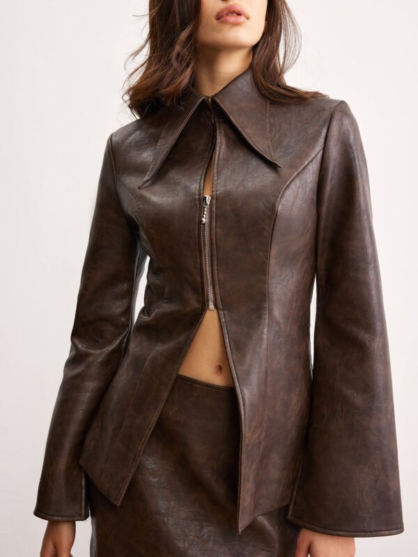 Double Zip Faux Leather Slit Jacket - Image 5